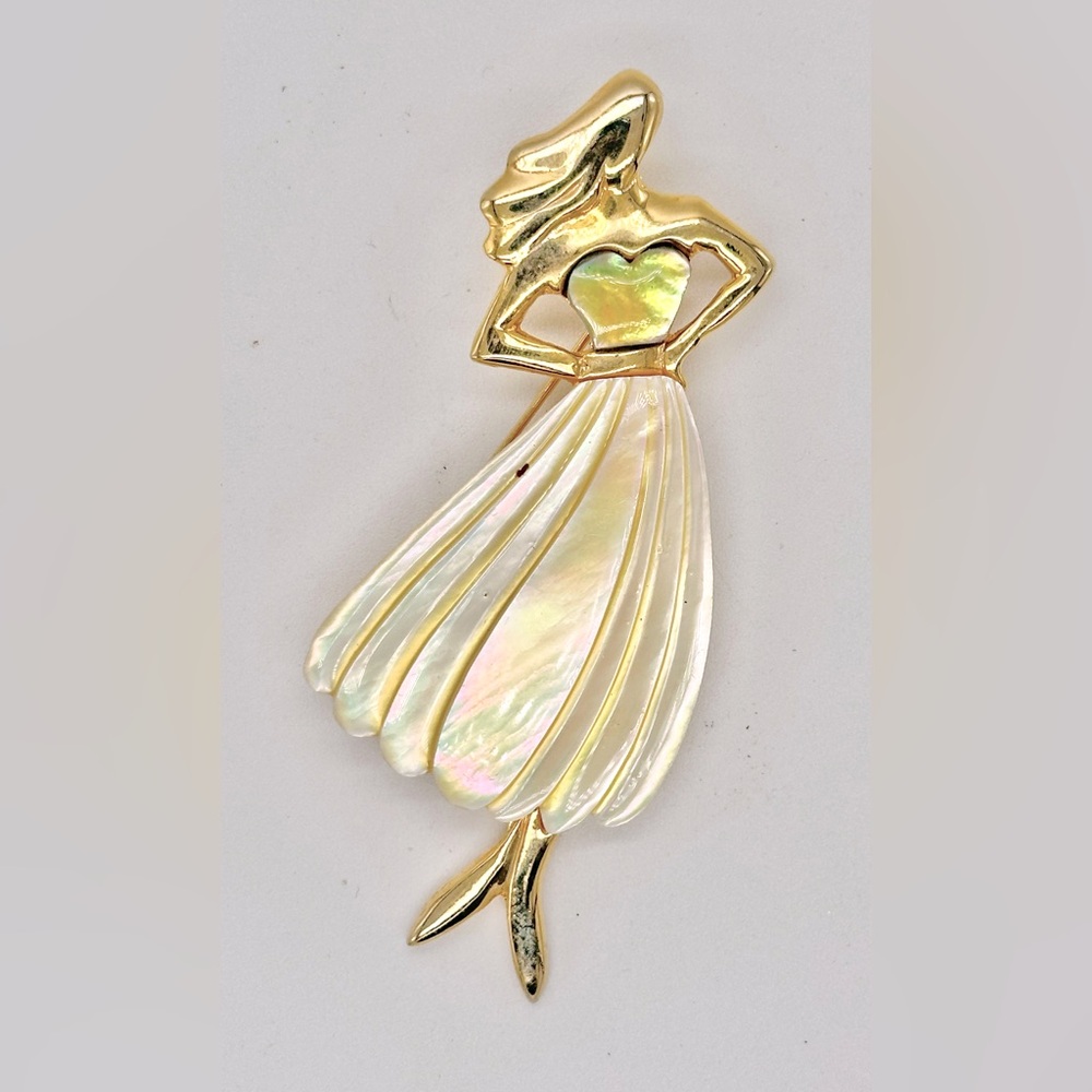 Gold Tone Acrylic Woman Figural Brooch Pin MOP Look Skirt